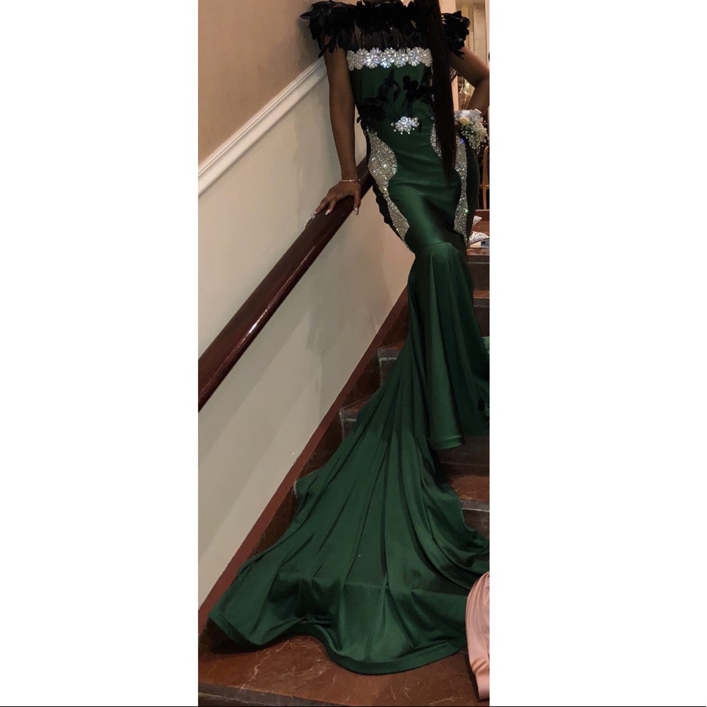 Emerald green embroidered custom made prom dress